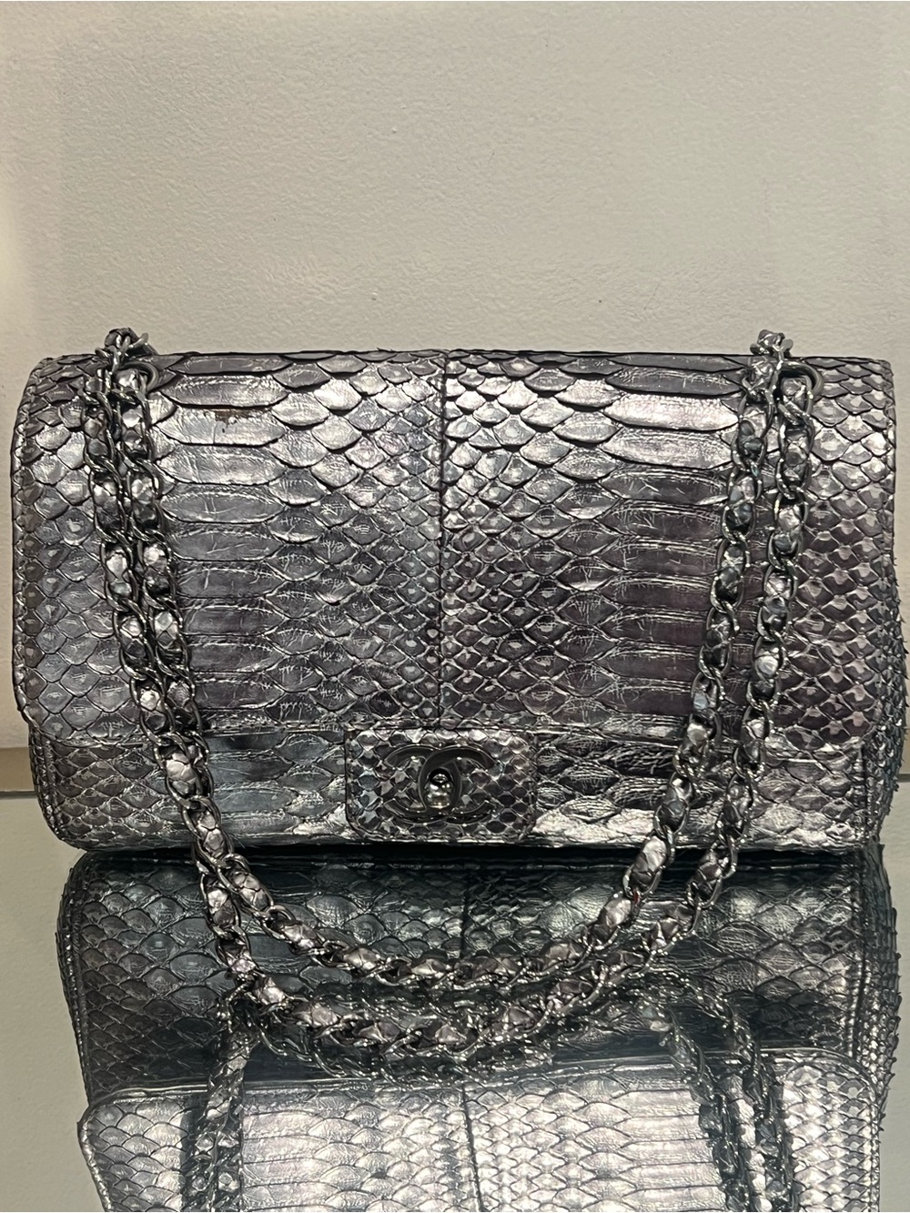 Chanel 2007 Metallic Silver Python Soho Tassel Flap Shoulder Bag